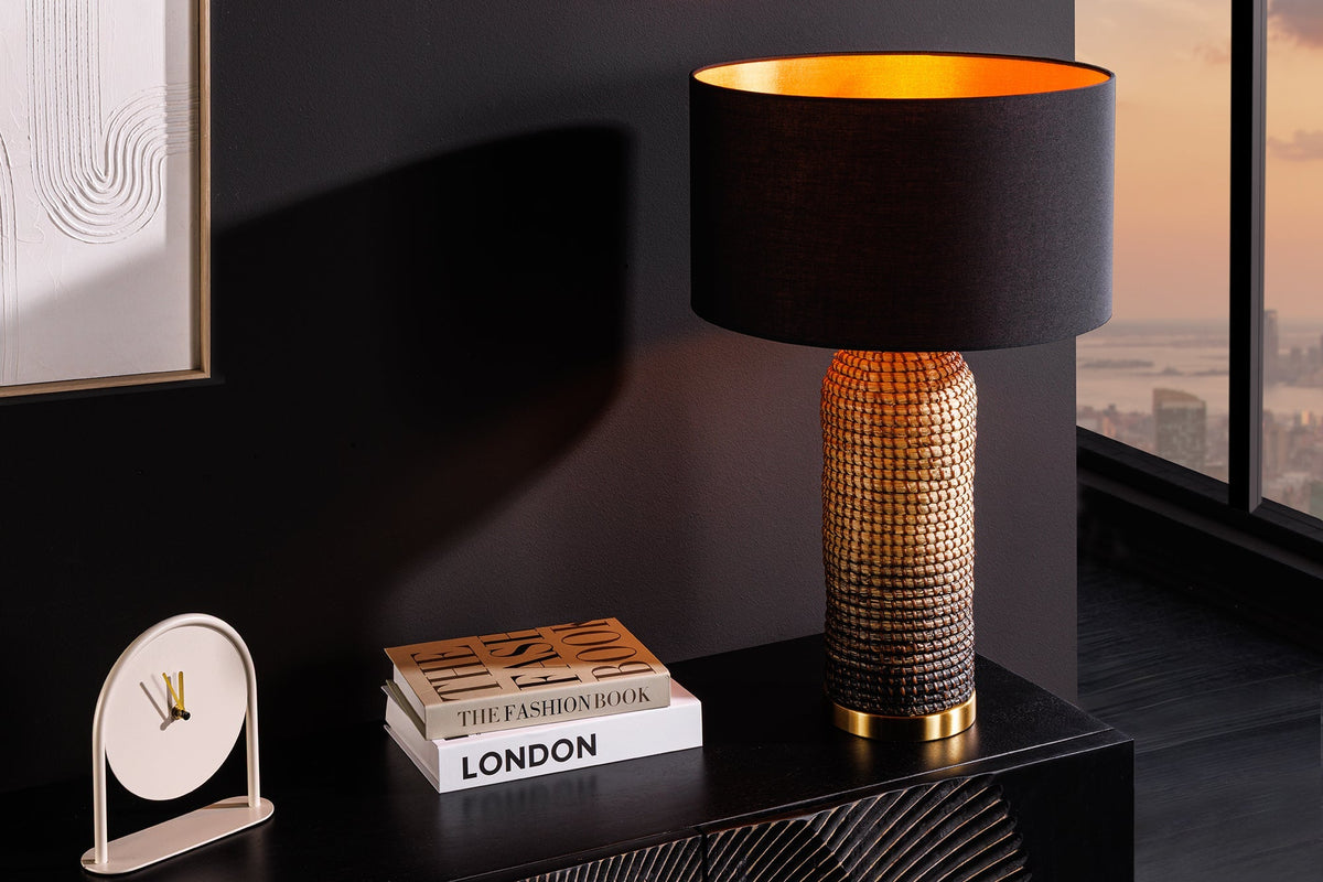 Lampe de table faite main ZEA 60cm abat-jour rond naturel noir jonc de mer
