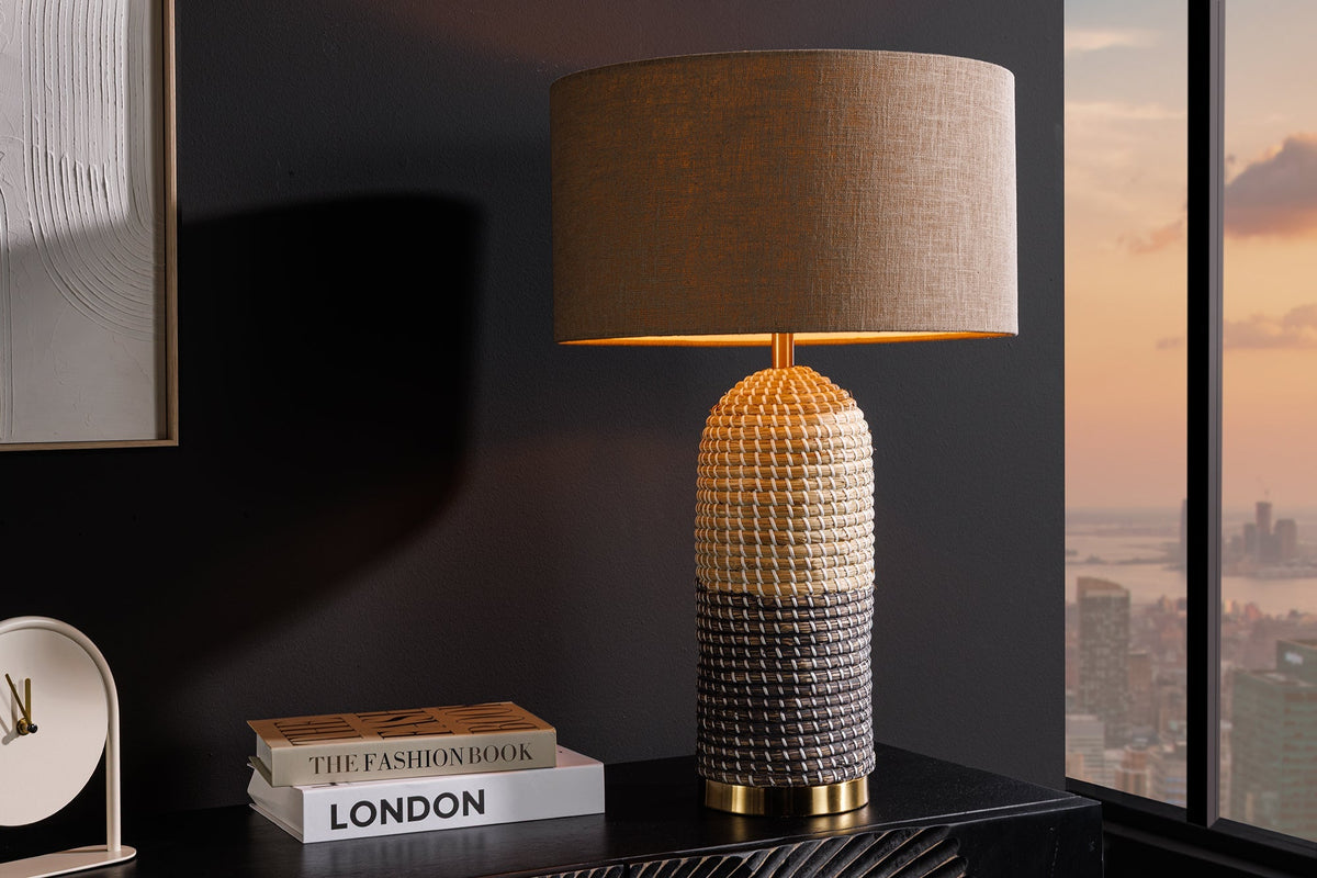 Lampe de table faite main ZEA 60cm marron naturel rond abat-jour en lin jonc de mer