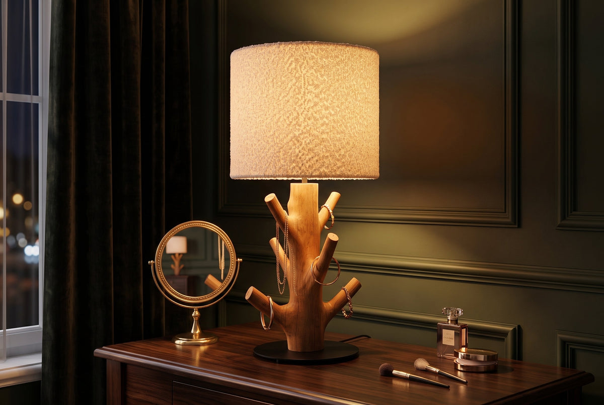 Lampe de table massive JEWELRY 60cm naturelle bois de mangoustan abat-jour en tissu blanc