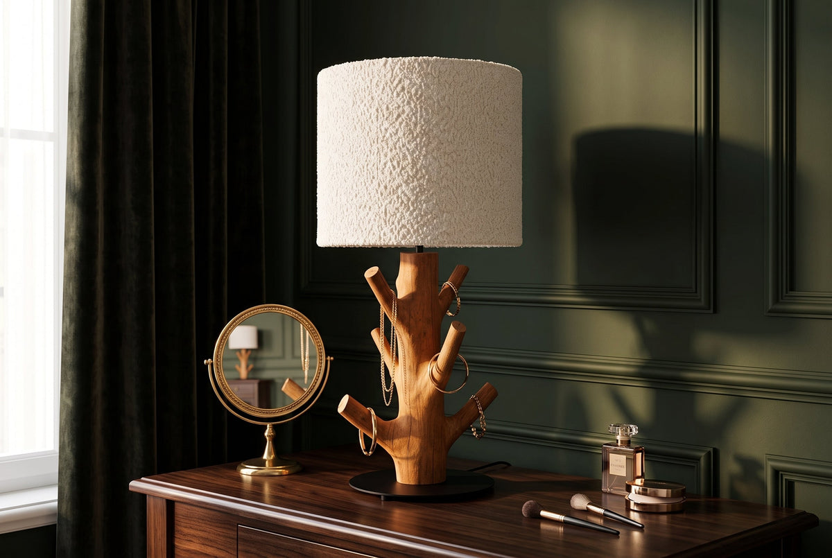 Lampe de table massive JEWELRY 60cm naturelle bois de mangoustan abat-jour en tissu blanc