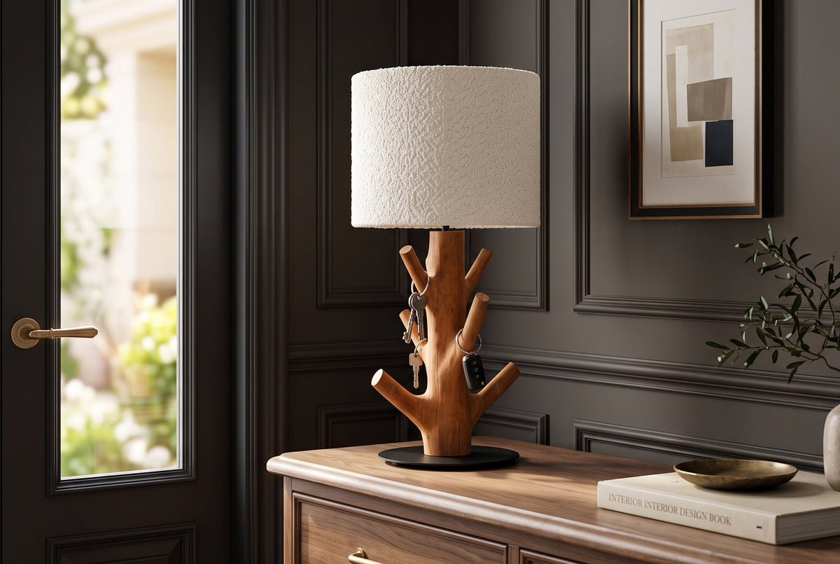 Lampe de table massive JEWELRY 60cm naturelle bois de mangoustan abat-jour en tissu blanc