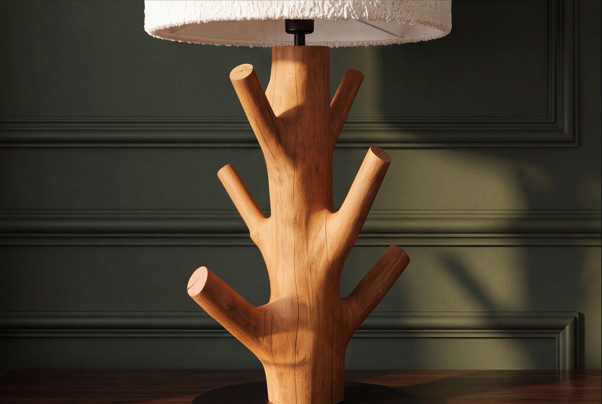 Lampe de table massive JEWELRY 60cm naturelle bois de mangoustan abat-jour en tissu blanc