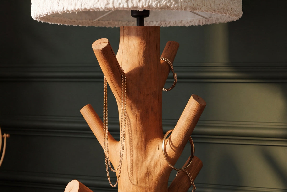 Lampe de table massive JEWELRY 60cm naturelle bois de mangoustan abat-jour en tissu blanc