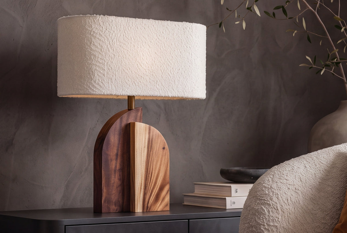 Lampe de table massive LOVERS 60cm bois de raintree naturel abat-jour en tissu blanc