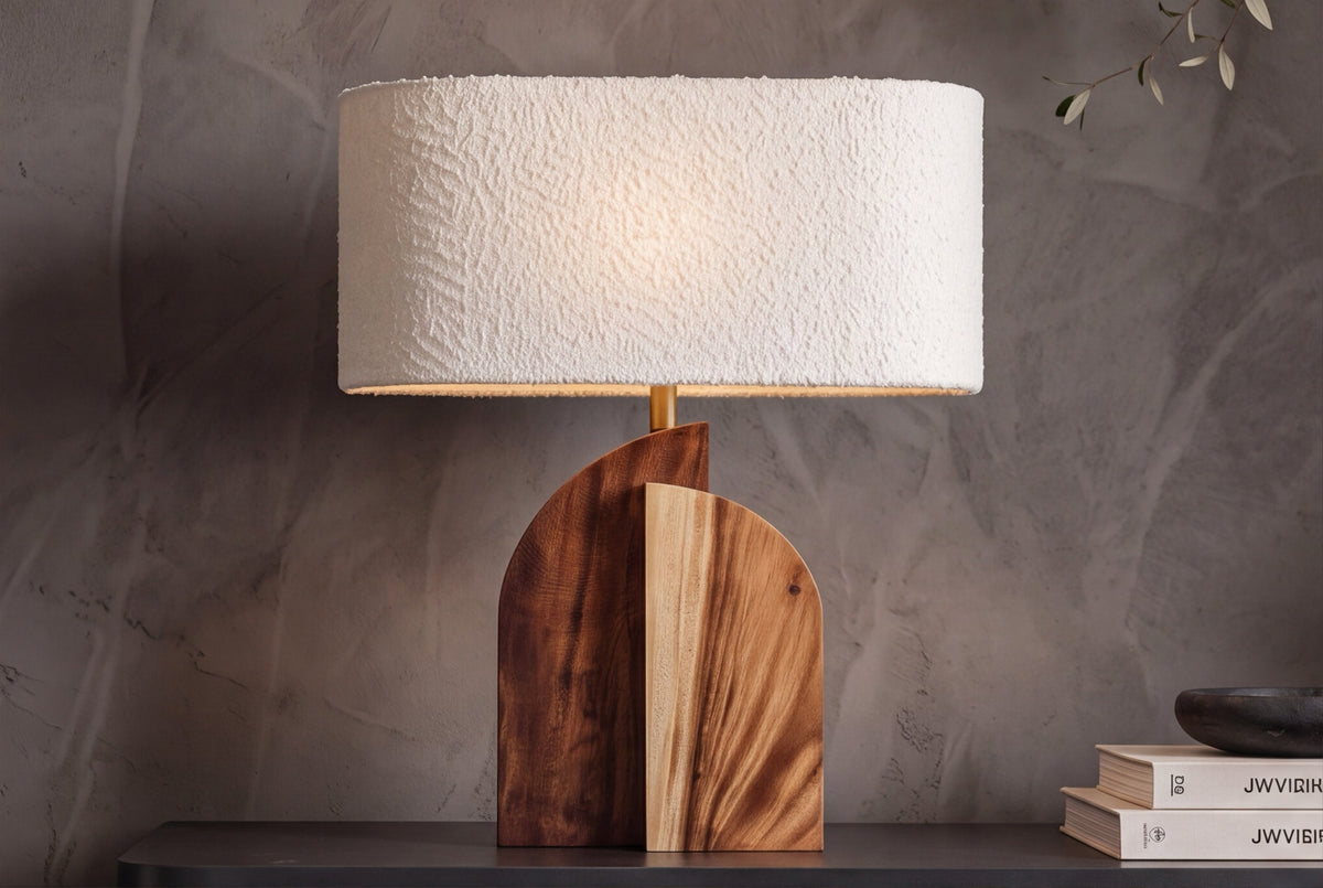Lampe de table massive LOVERS 60cm bois de raintree naturel abat-jour en tissu blanc