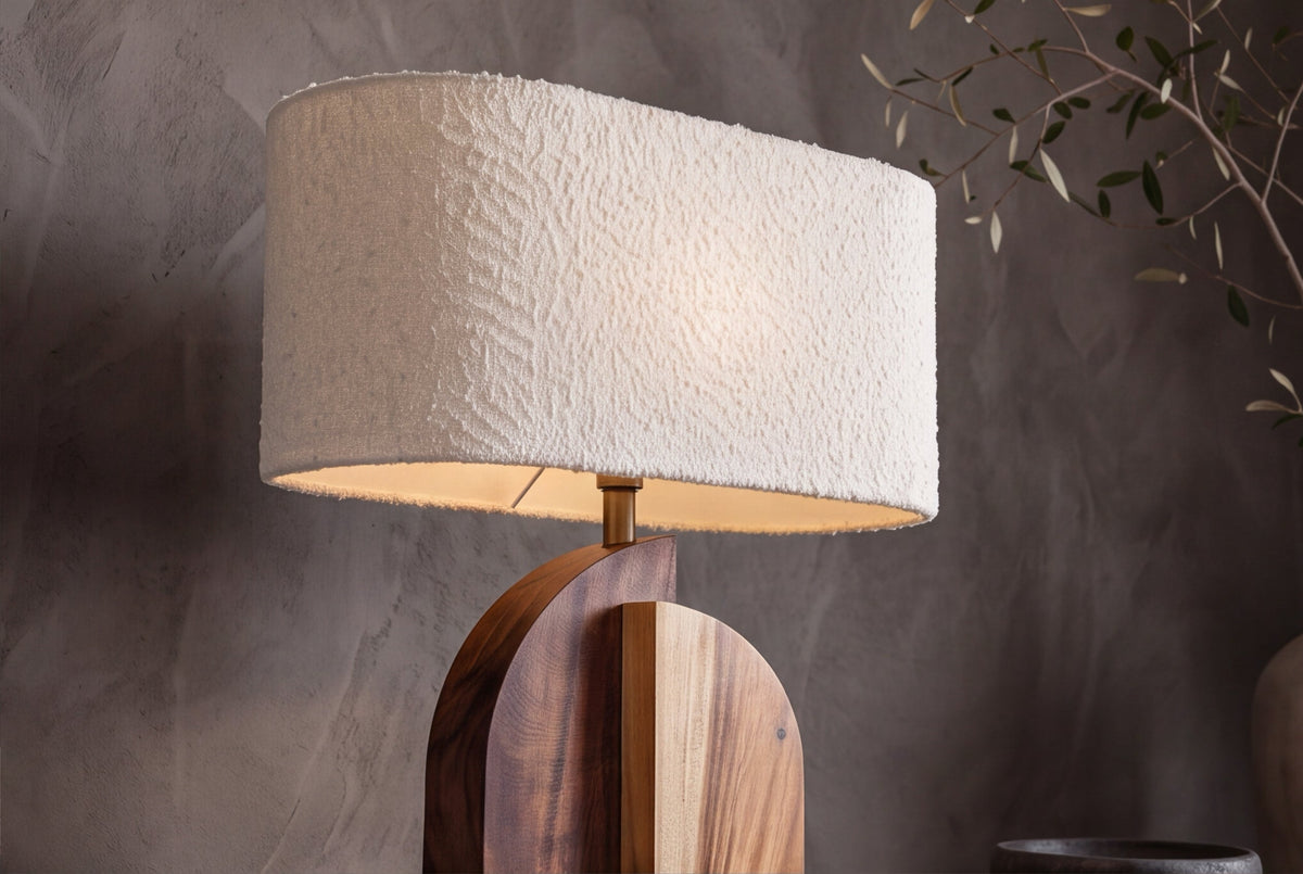 Lampe de table massive LOVERS 60cm bois de raintree naturel abat-jour en tissu blanc