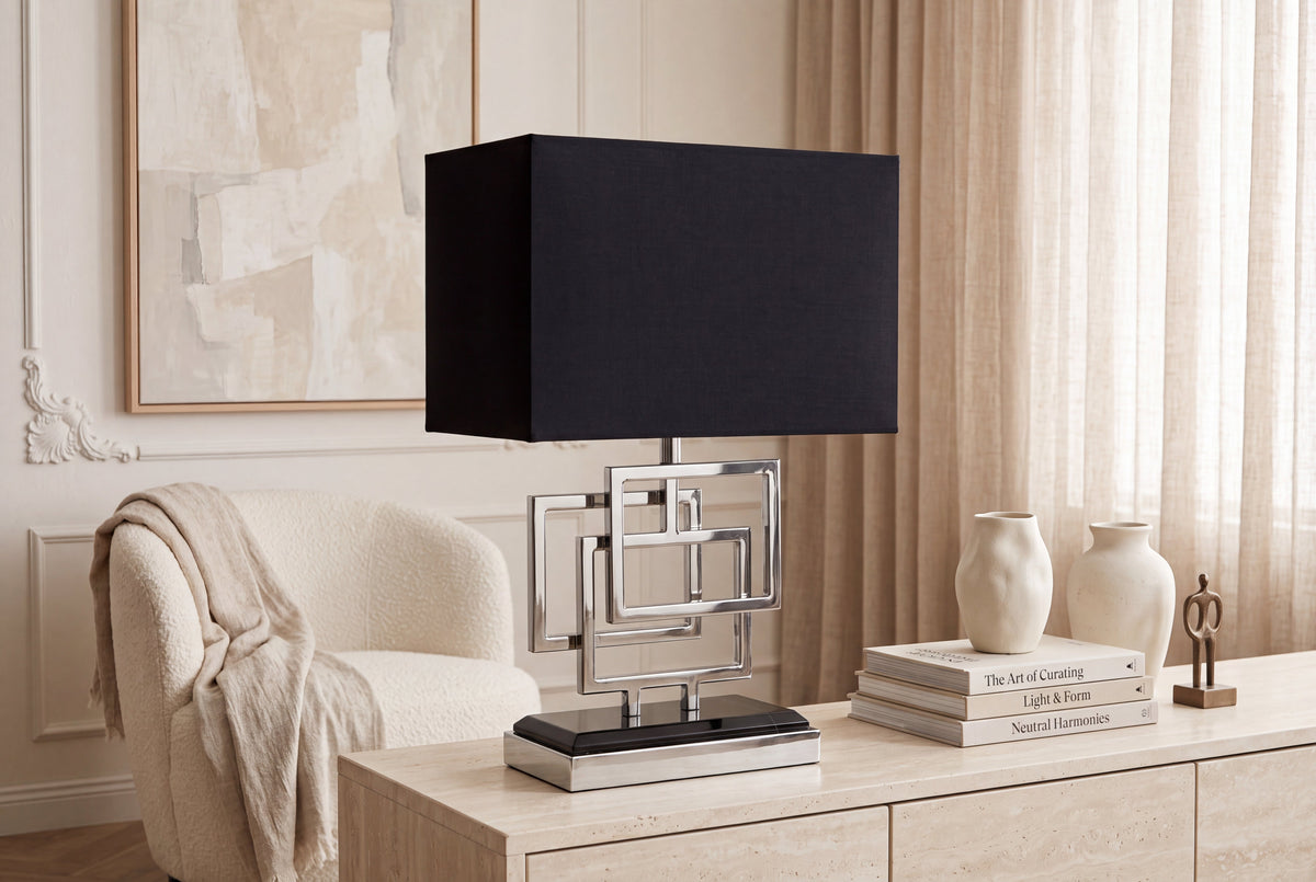 Lampe de table moderne ATLANTIS 56 cm argent abat-jour en tissu noir marbre