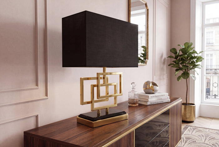 Lampe de table moderne ATLANTIS 56cm abat-jour en tissu doré marbre noir