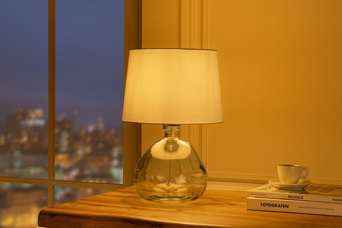 Lampe de table moderne CLASSIC 45cm transparent verre recyclé blanc abat-jour en tissu