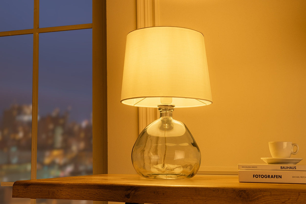 Lampe de table moderne CLASSIC 45cm transparent verre recyclé blanc abat-jour en tissu