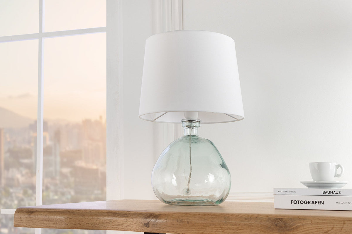 Lampe de table moderne CLASSIC 45cm transparent verre recyclé blanc abat-jour en tissu