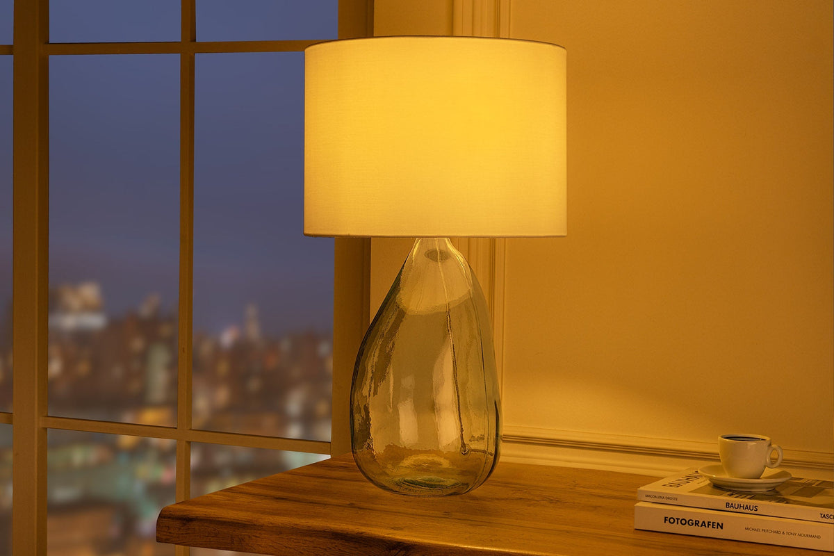 Lampe de table moderne CLASSIC 60cm verre recyclé transparent abat-jour en tissu blanc