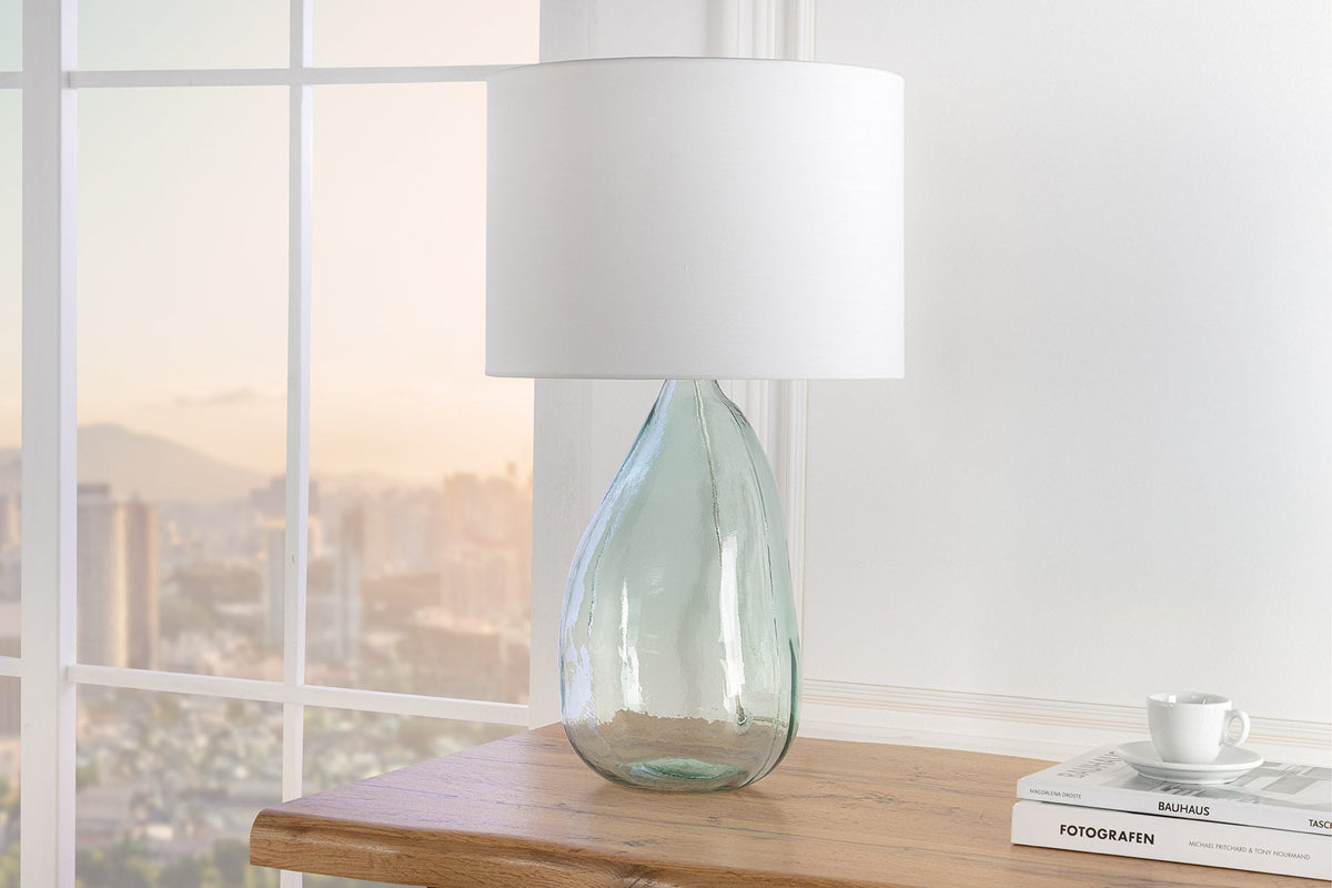 Lampe de table moderne CLASSIC 60cm verre recyclé transparent abat-jour en tissu blanc