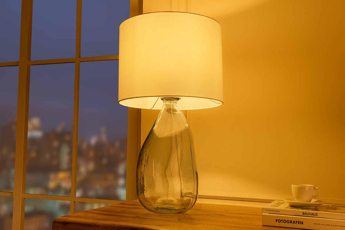 Lampe de table moderne CLASSIC 60cm verre recyclé transparent abat-jour en tissu blanc