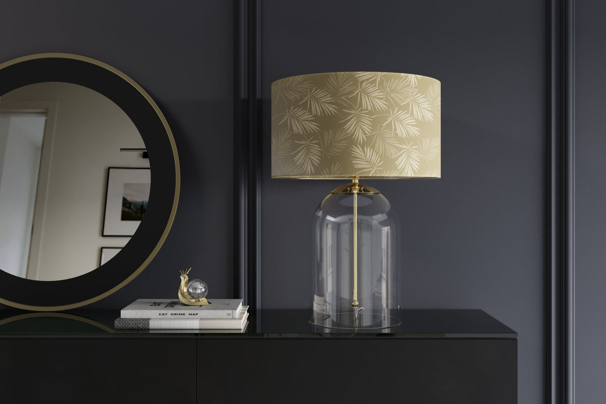 Lampe de table moderne CLASSICO 60 cm verre transparent blanc or abat-jour en lin