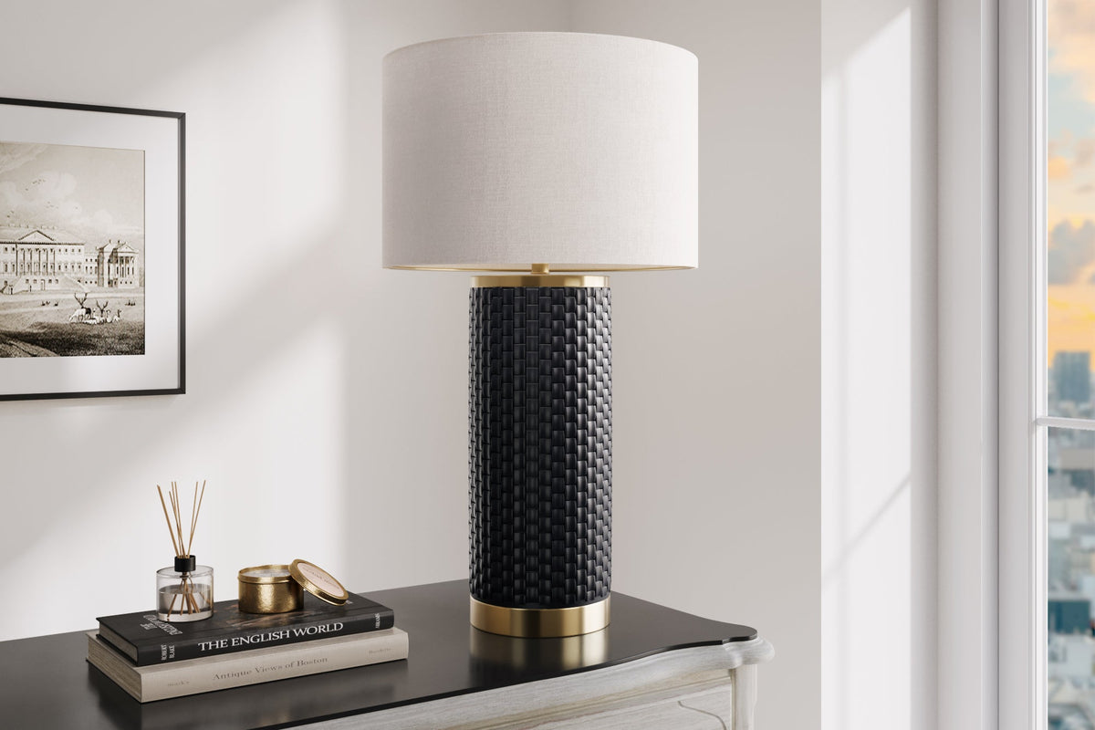 Lampe de table moderne ELEGANCIA 70cm abat-jour rond en tissu céramique noir doré