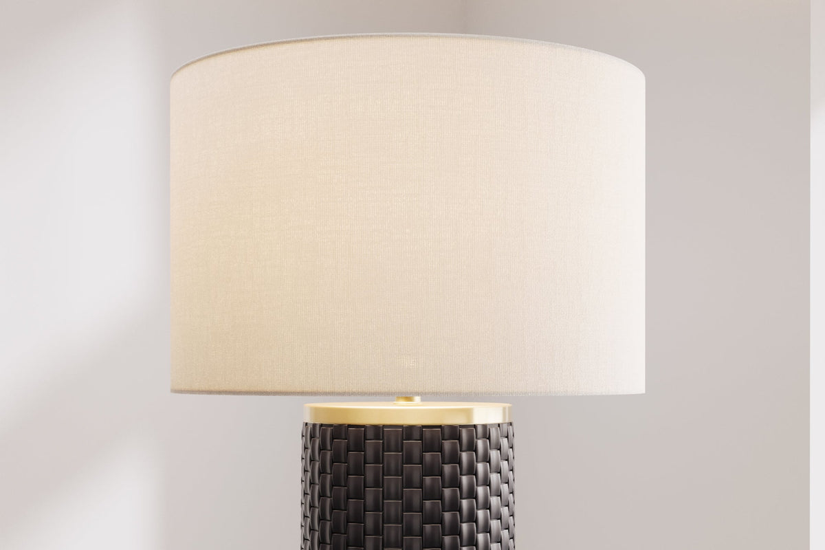 Lampe de table moderne ELEGANCIA 70cm abat-jour rond en tissu céramique noir doré