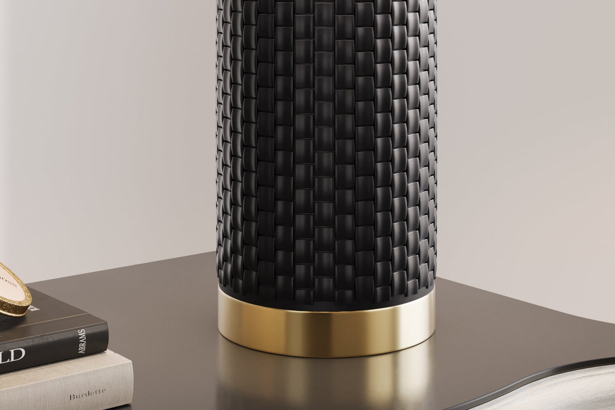 Lampe de table moderne ELEGANCIA 70cm abat-jour rond en tissu céramique noir doré