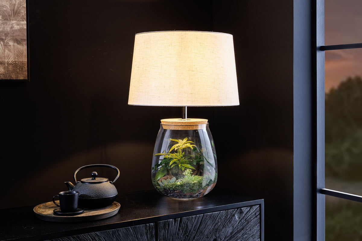 Lampe de table remplissable CLASSICO 60 cm blanc verre transparent avec abat-jour en lin