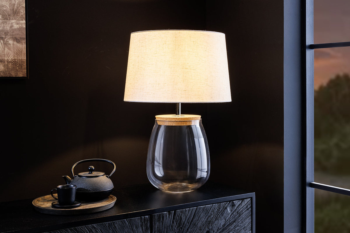 Lampe de table remplissable CLASSICO 60 cm blanc verre transparent avec abat-jour en lin
