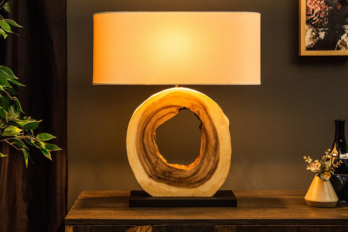 Lampe de table unique ORGANIC ARTWORK 65 cm nature crème blanc arbre arc-en-ciel avec abat-jour en lin