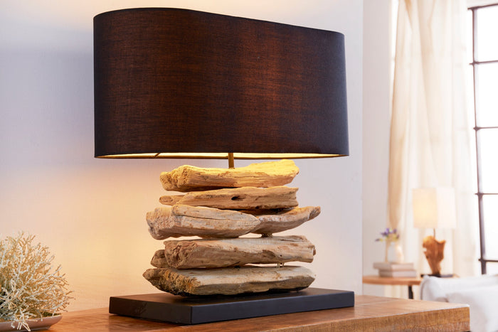 Lampe en bois flotté faite à la main RIVERINE 55cm noir abat-jour en lin lampe de table