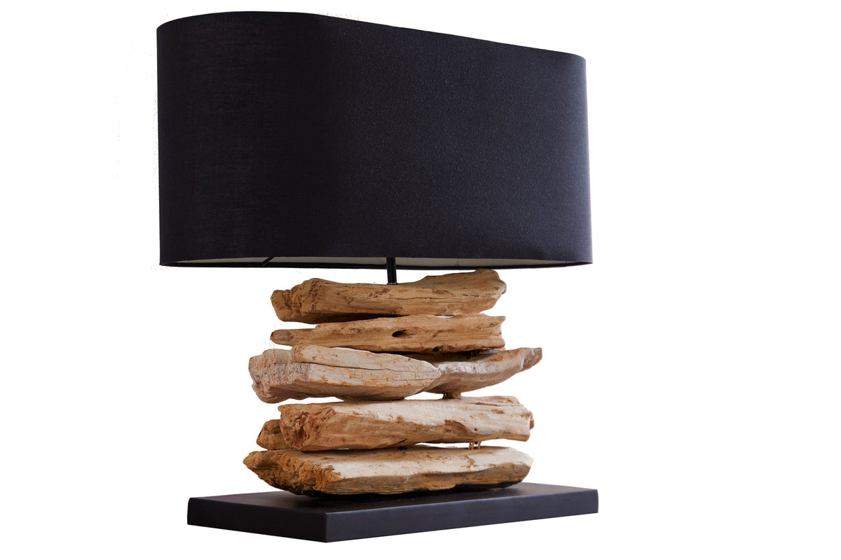 Lampe en bois flotté faite à la main RIVERINE 55cm noir abat-jour en lin lampe de table