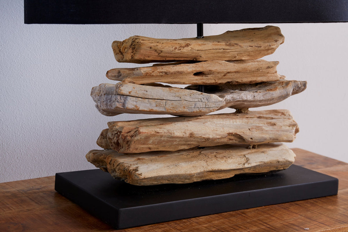 Lampe en bois flotté faite à la main RIVERINE 55cm noir abat-jour en lin lampe de table