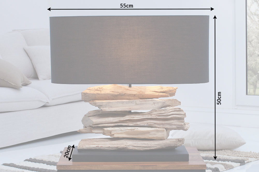Lampe en bois flotté faite à la main RIVERINE 55cm noir abat-jour en lin lampe de table
