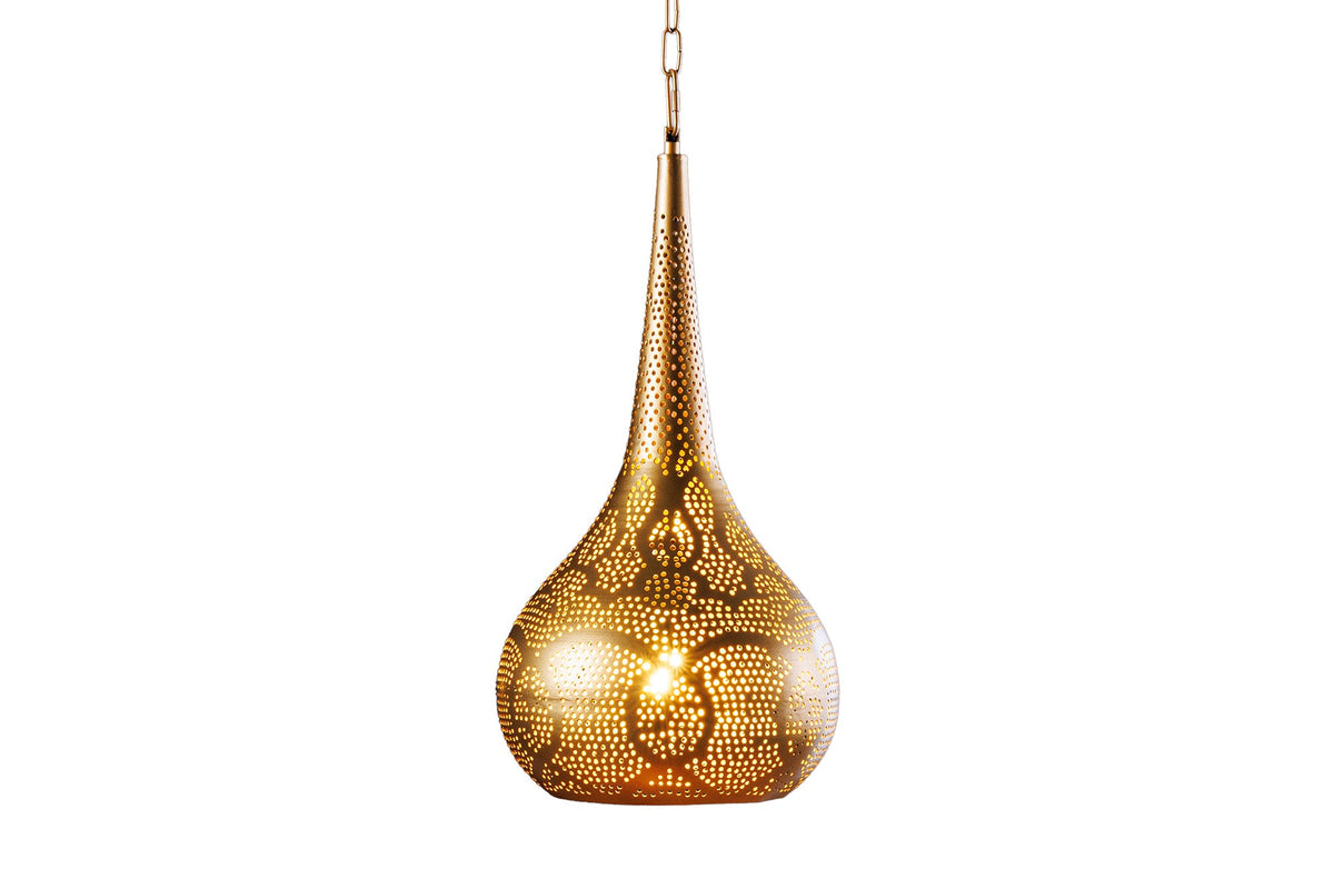Lampe suspendue faite main ORIENT LIVING 50cm forme larme en fer doré