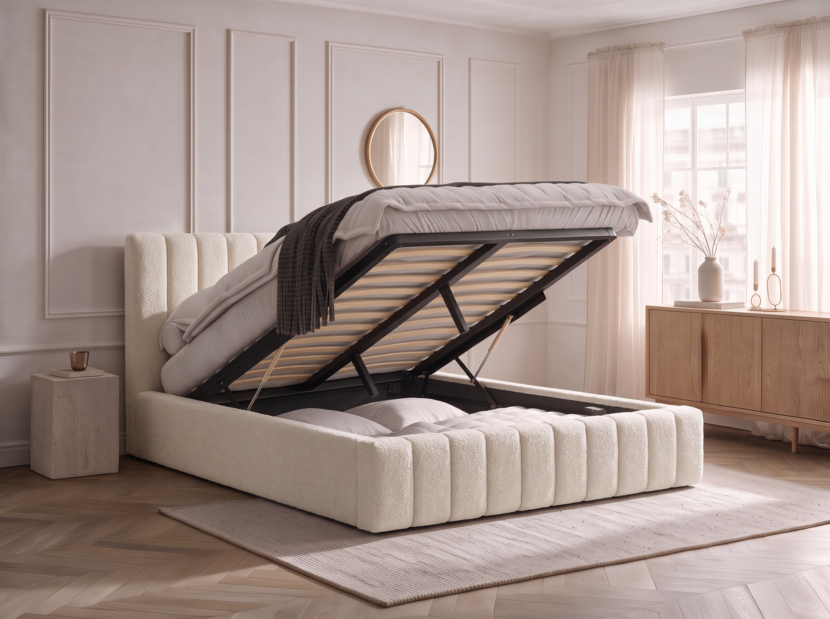 Lit coffre CELINE en tissu boucle crème, dans une chambre, coffre de rangement ouvert