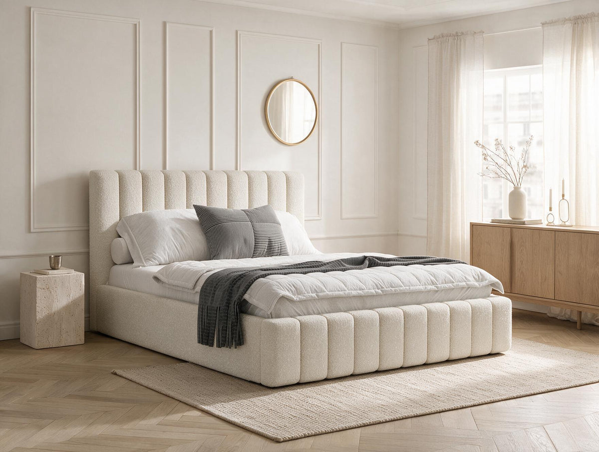 Lit coffre CELINE en tissu boucle crème, dans une chambre, vue d’ensemble de trois quarts