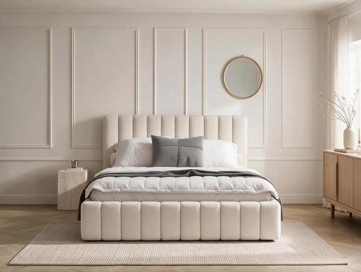 Lit coffre CELINE en tissu boucle crème, dans une chambre, vue d’ensemble de face