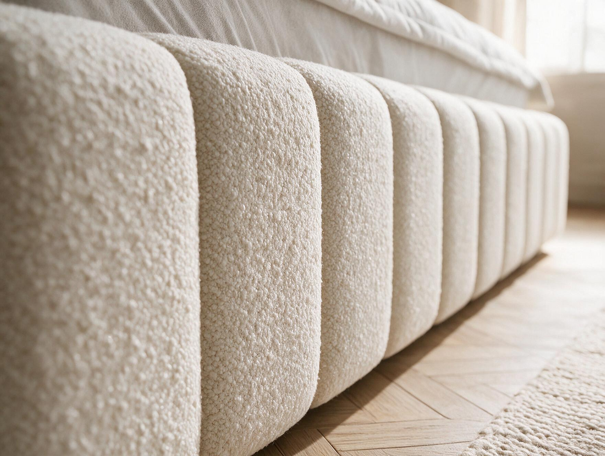 Lit coffre CELINE en tissu boucle crème, gros plan du revêtement du cadre de lit