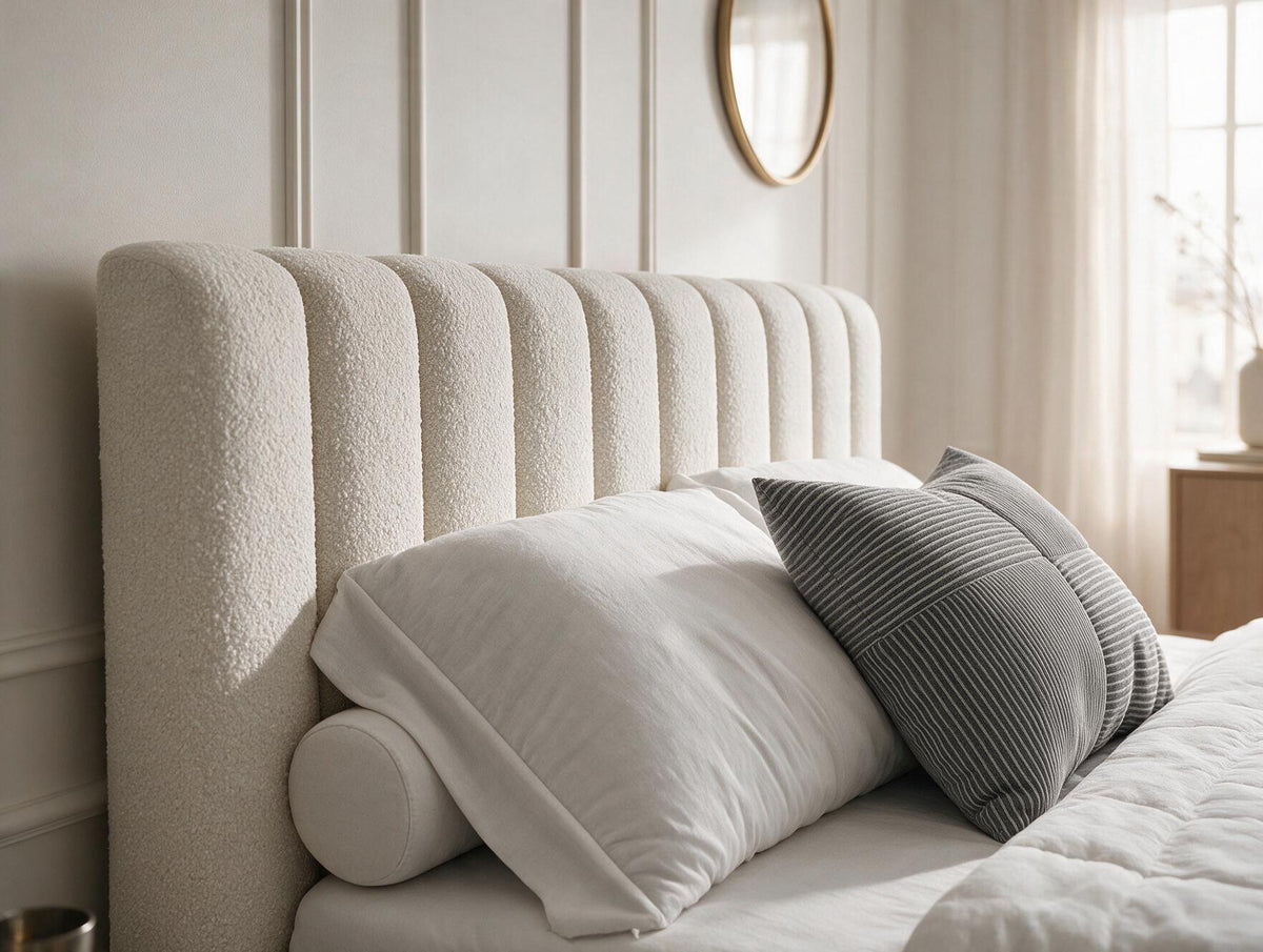 Lit coffre CELINE en tissu boucle crème, gros plan de la tête de lit et des coussins