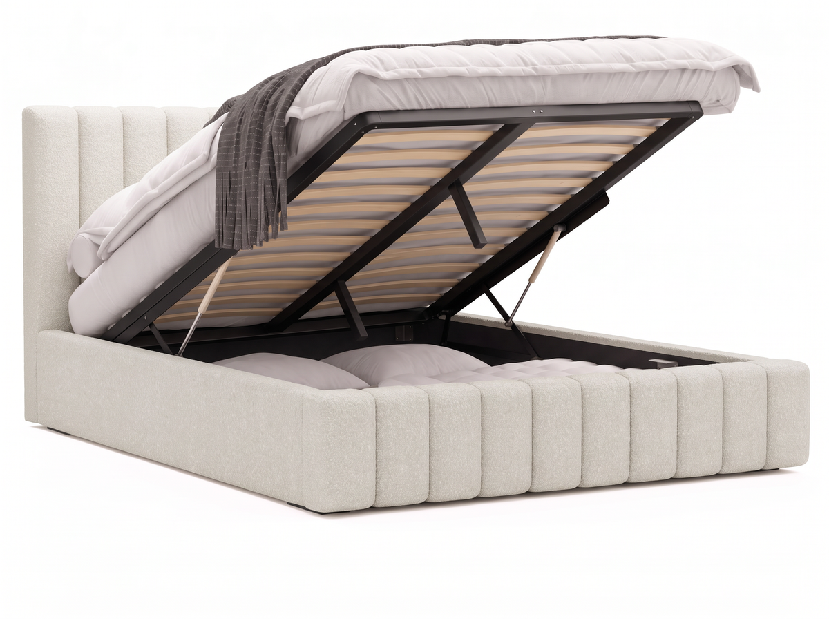 Lit coffre CELINE en tissu boucle crème, coffre de rangement ouvert sur fond blanc