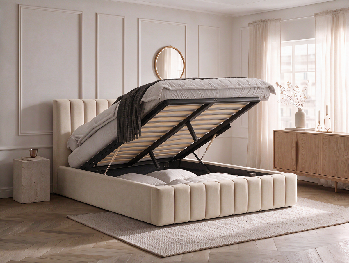 Lit coffre CELINE en tissu velours beige, dans une chambre, coffre de rangement ouvert