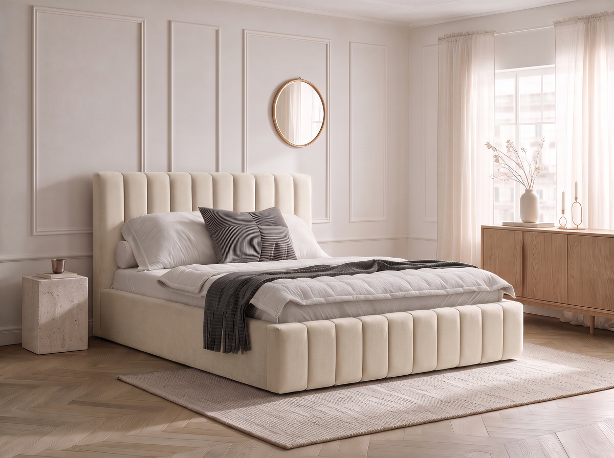 Lit coffre CELINE en tissu velours beige, dans une chambre, vue d’ensemble de trois quarts