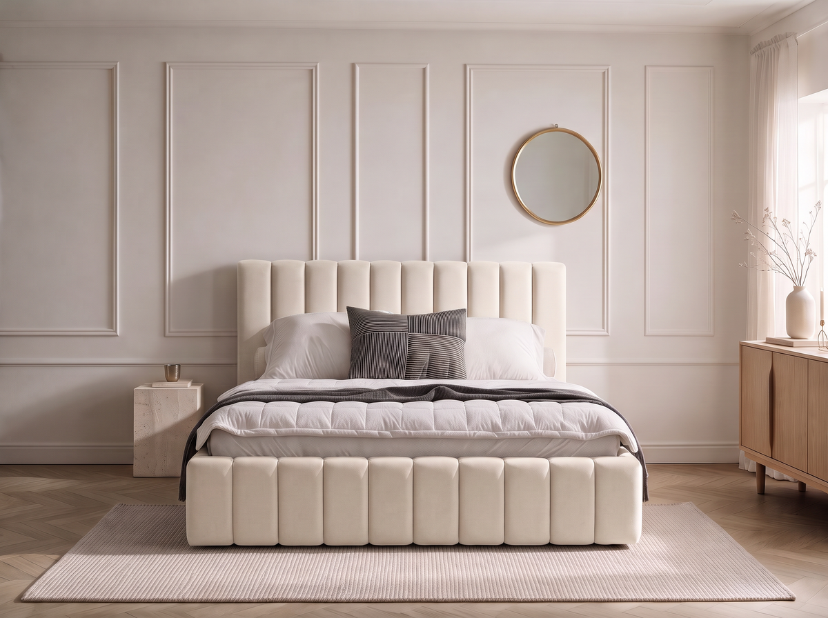 Lit coffre CELINE en tissu velours beige, dans une chambre, vue d’ensemble de face