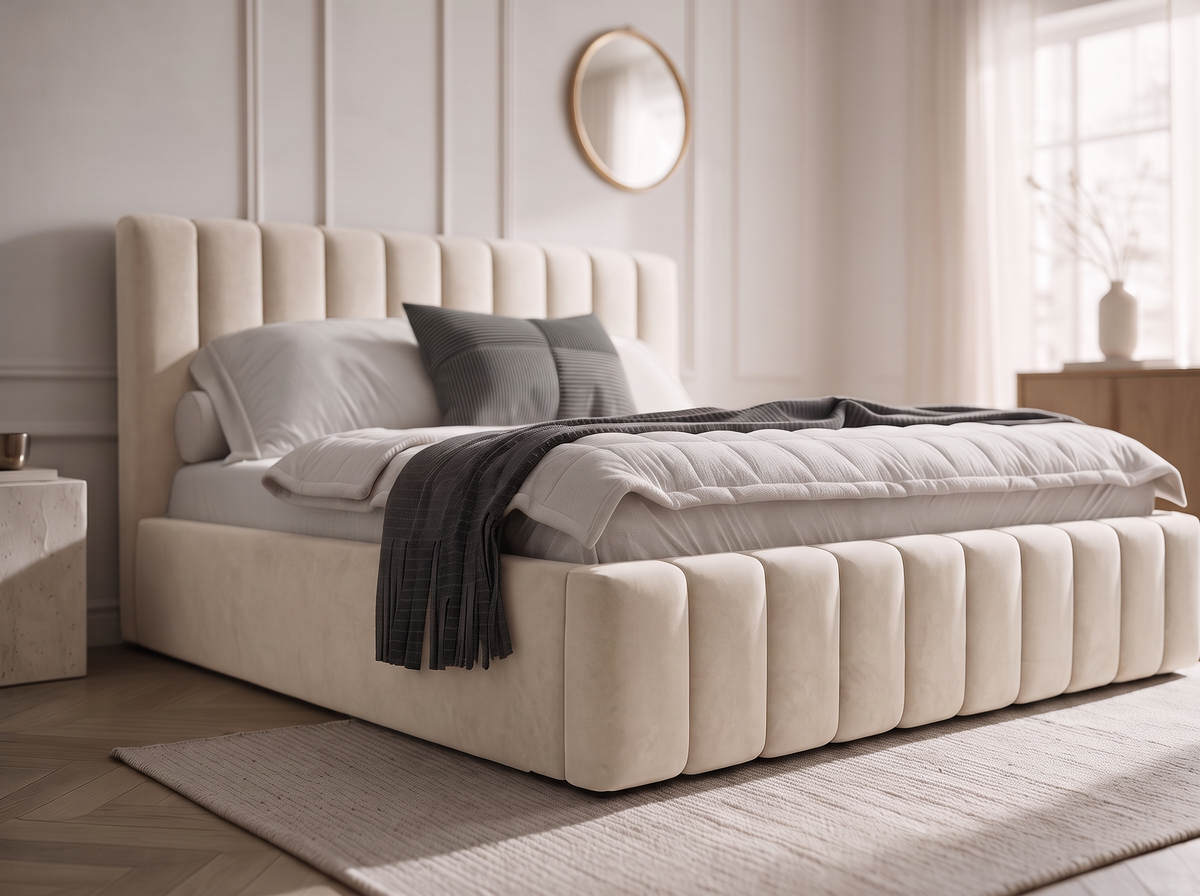 Lit coffre CELINE en tissu velours beige, dans une chambre, vue rapprochée de trois quarts