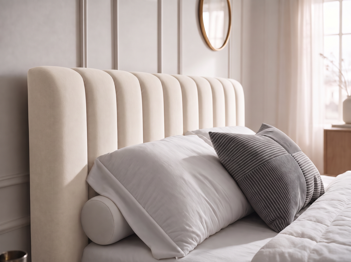 Lit coffre CELINE en tissu velours beige, gros plan de la tête de lit et des coussins