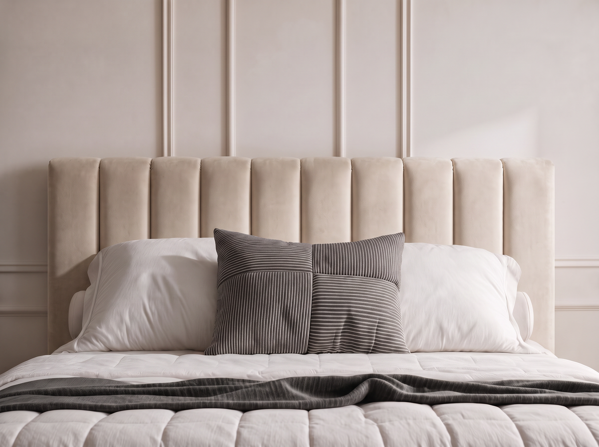 Lit coffre CELINE en tissu velours beige, vue de face de la tête de lit rembourrée
