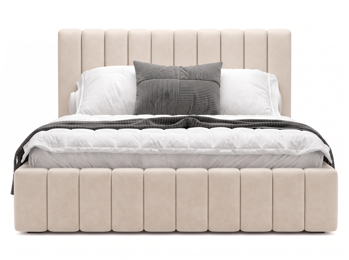 Lit coffre CELINE en tissu velours beige, coffre fermé, vue de face sur fond blanc