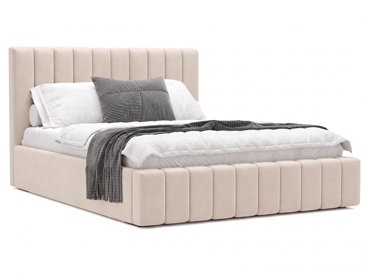 Lit coffre CELINE en tissu velours beige, coffre fermé, vue de trois quarts sur fond blanc
