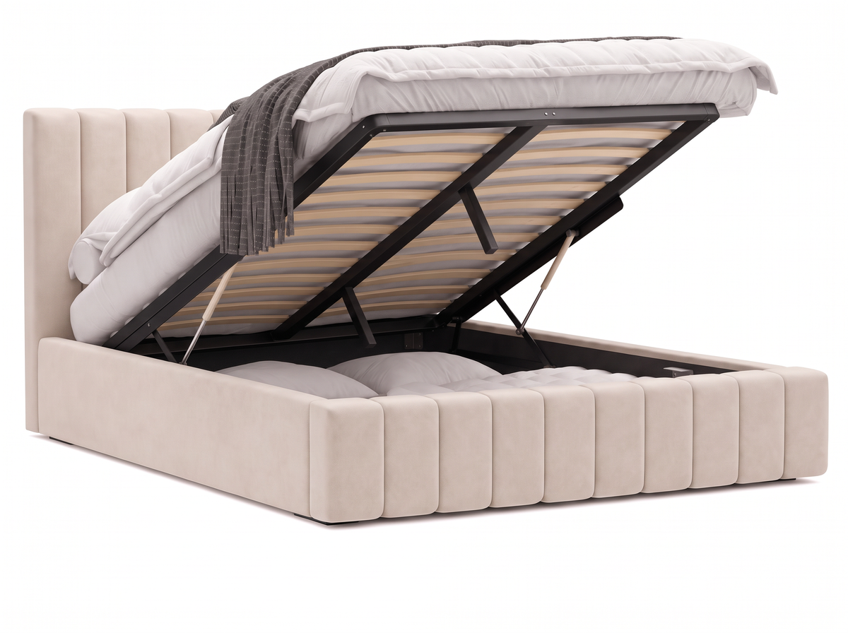 Lit coffre CELINE en tissu velours beige, coffre de rangement ouvert sur fond blanc