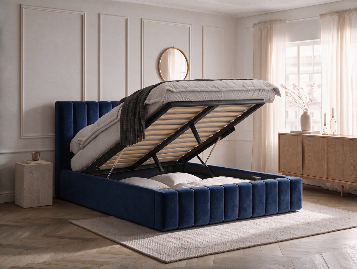 Lit coffre CELINE en tissu velours bleu, dans une chambre, coffre de rangement ouvert