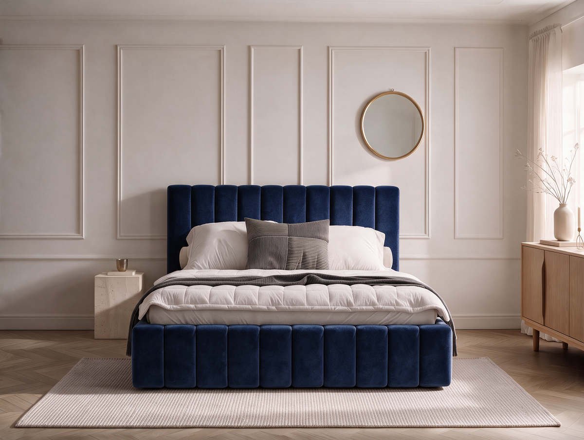 Lit coffre CELINE en tissu velours bleu, dans une chambre, vue d’ensemble de face