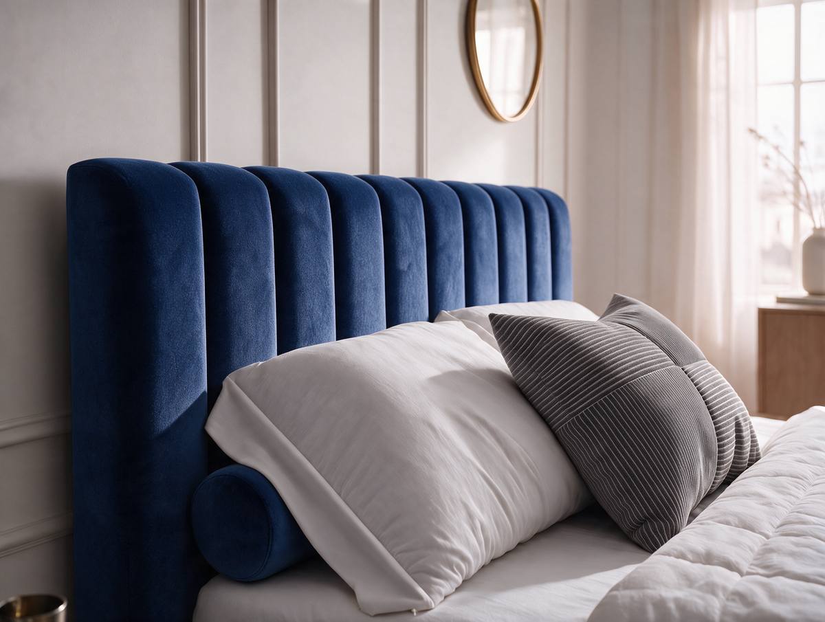 Lit coffre CELINE en tissu velours bleu, gros plan de la tête de lit et des coussins