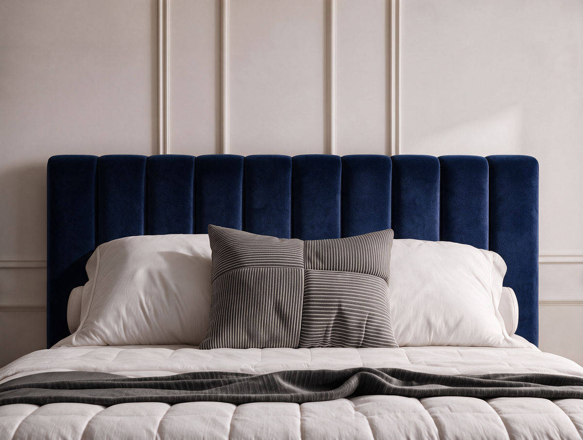 Lit coffre CELINE en tissu velours bleu, vue de face de la tête de lit rembourrée