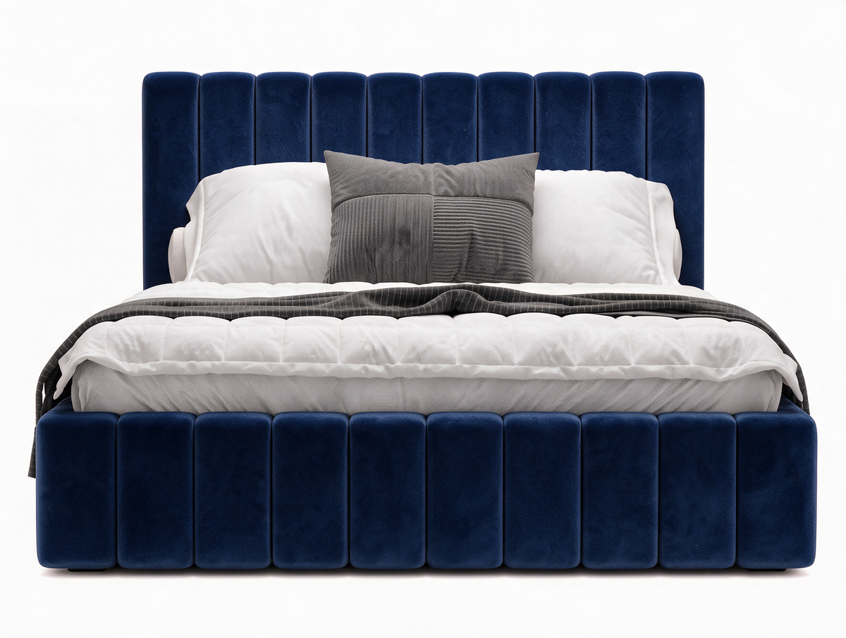 Lit coffre CELINE en tissu velours bleu, coffre fermé, vue de face sur fond blanc